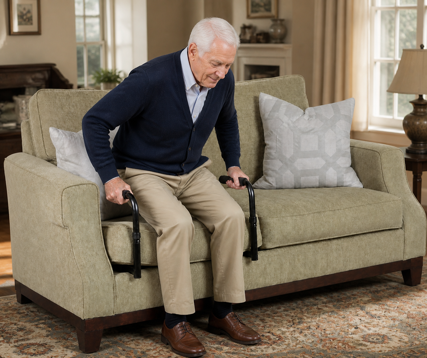 Older man rising from a sofa using the Everstead dual-handle stand assist