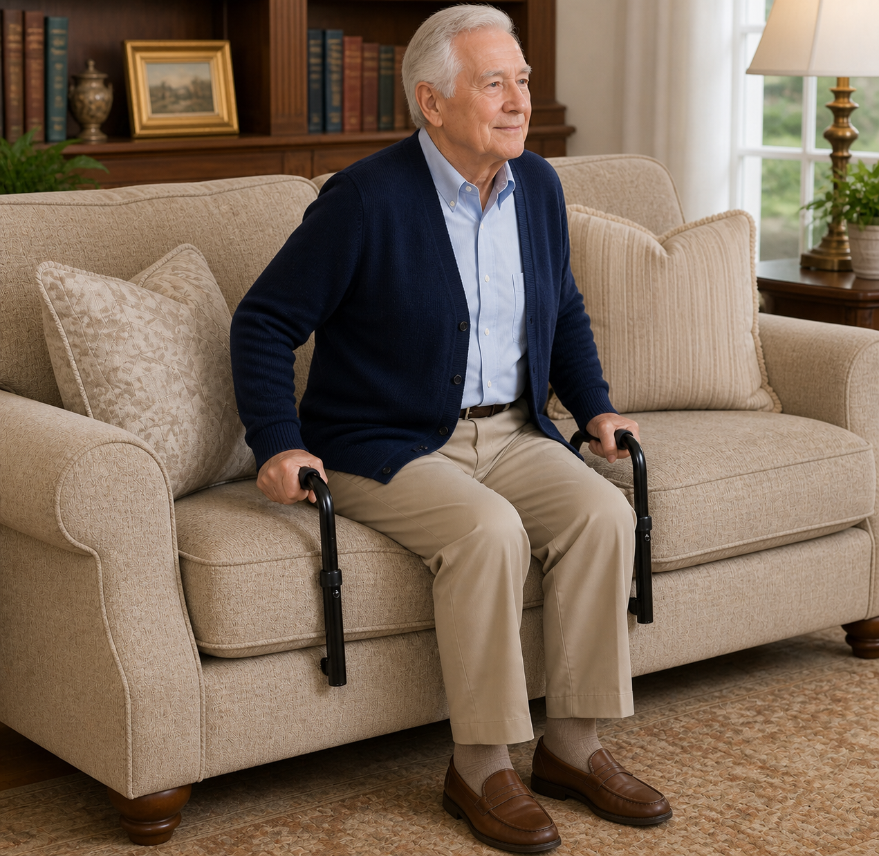 Older man using the Everstead stand assist on a sofa