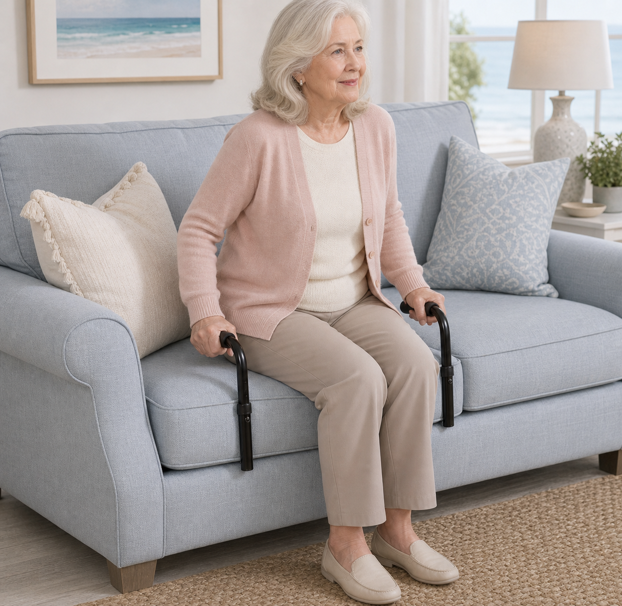 Older woman using Everstead on a blue sofa