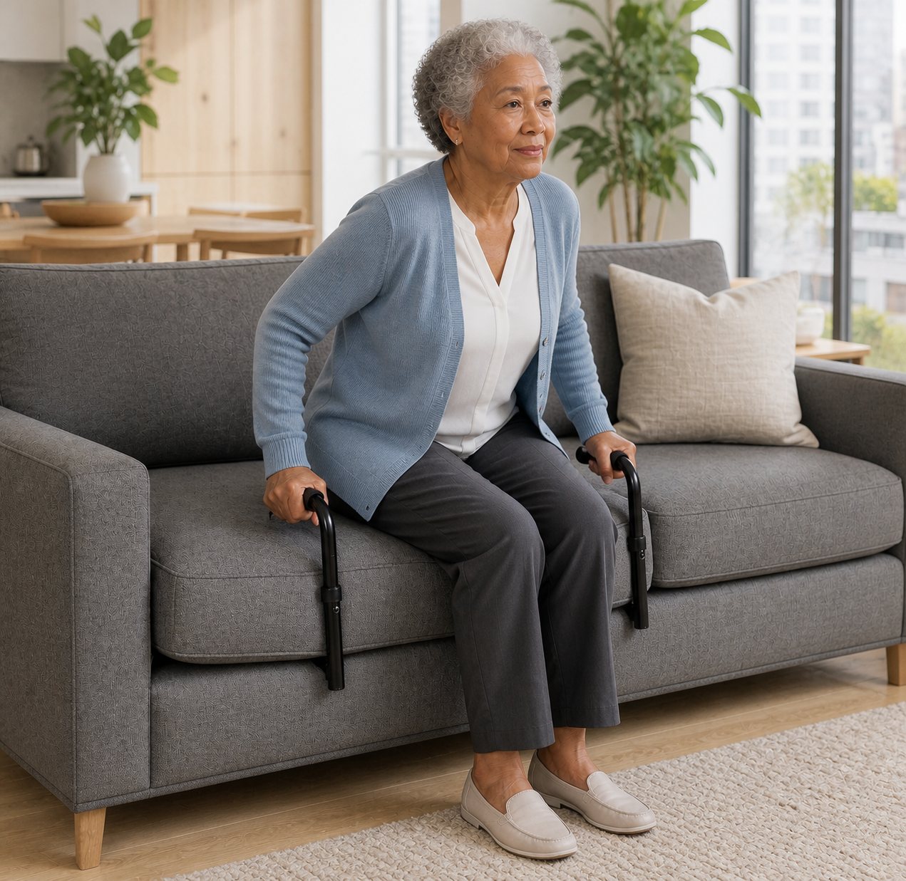 Older woman using Everstead in a contemporary living room